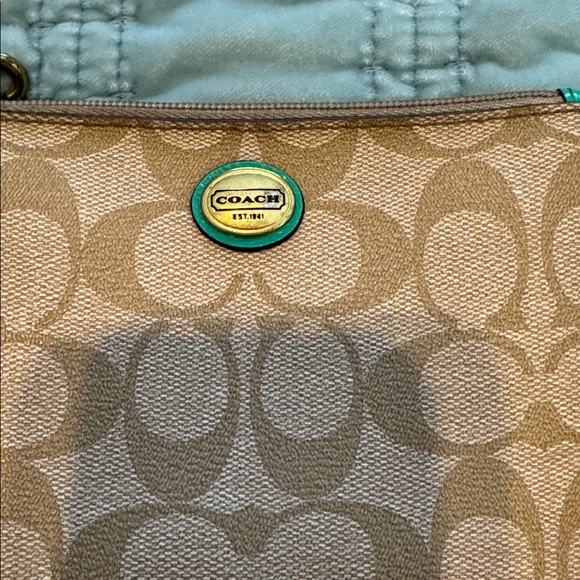 Coach Classic Signature Khaki and  Aqua Teal Wristlet Purse Wallet Bag - Picture 2 of 8